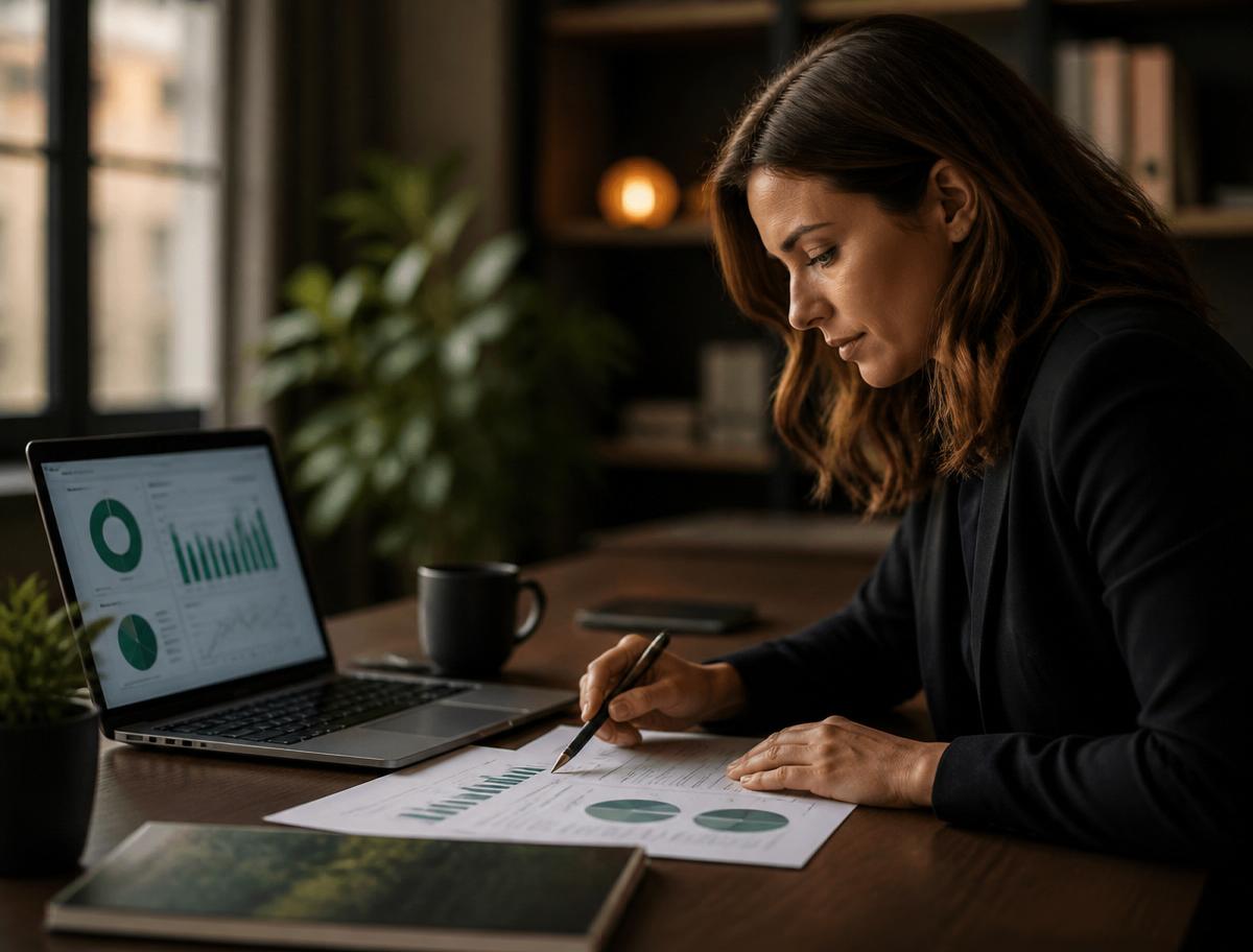 Analyste préparant un rapport ESG sur ordinateur portable